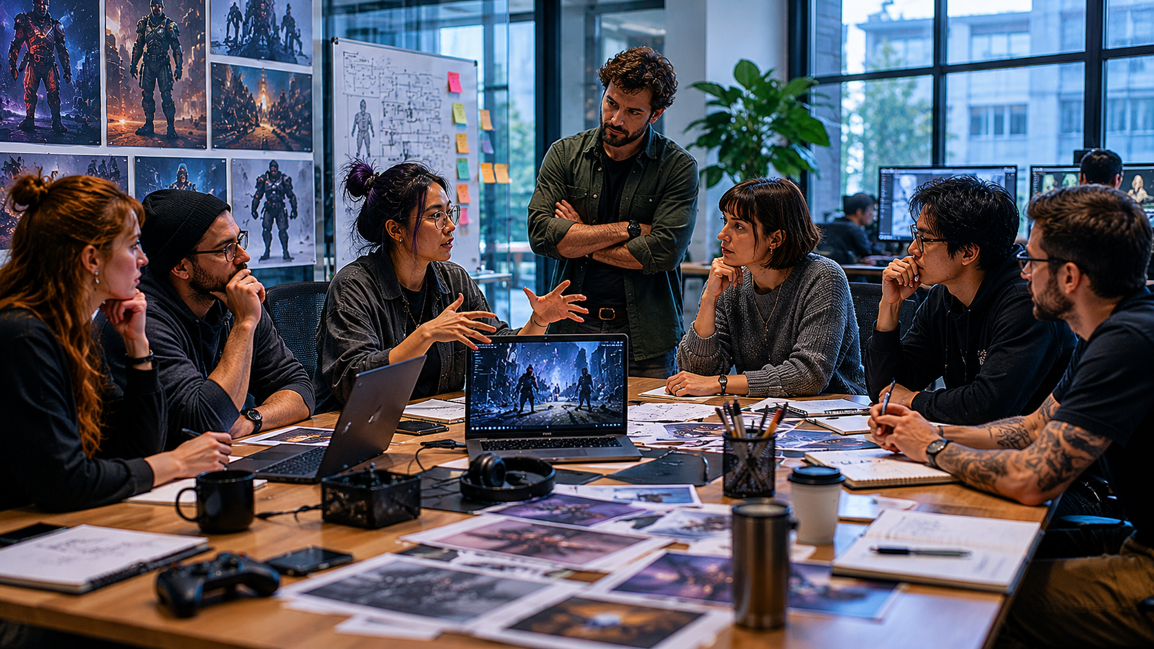 Reunión creativa en estudio de juegos